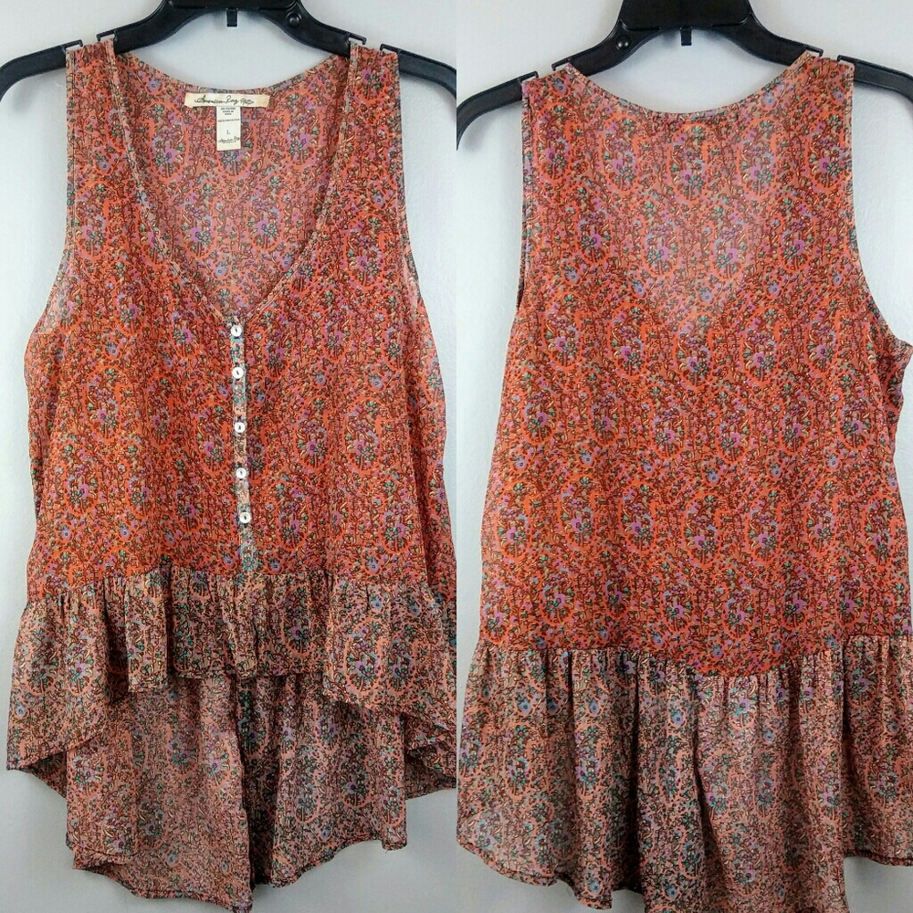 American Rag  high/ low Boho ruffle sheer Top